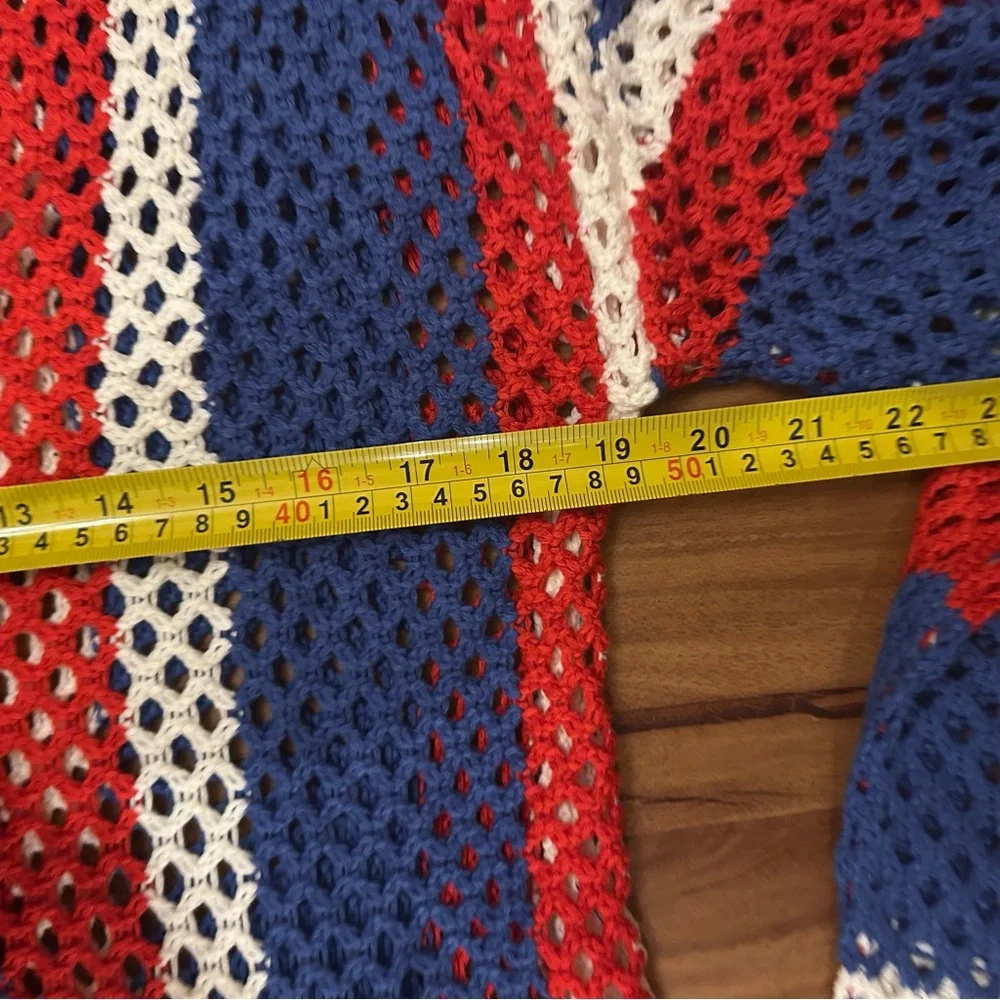 Venus Red White Blue USA Striped Crochet Hoodie Knit Swim Cover-Up Dress - Picture 4 of 9